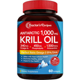 Doctor's Recipes Antarctic Krill Oil, 60 Softgels 1000mg, DHA:EPA at 1:2 Perfect Ratio, 1.5mg Astaxanthin, Clean Extraction, No Fish Taste, Joint, Brain, Eye Health, Non-GMO
