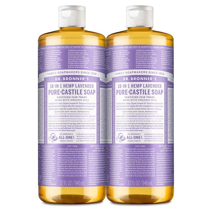 Dr. Bronner's - Pure-Castile Liquid Soap (Lavender, 32 ounce, 2-Pack) - Made with Organic Oils, 18-in-1 Uses: Face, Body, Hair, Laundry, Pets and Dishes, Concentrated, Vegan, Non-GMO