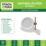 100% Compostable Disposable Paper Plates [125-Pack] - {PFAS-Free} - {BPI Certified} - [7 Inch] Heavy Duty, Eco-Friendly, Biodegradable Bagasse Dinner & Lunch Plates - Thick White 7" Plate by Stack Man