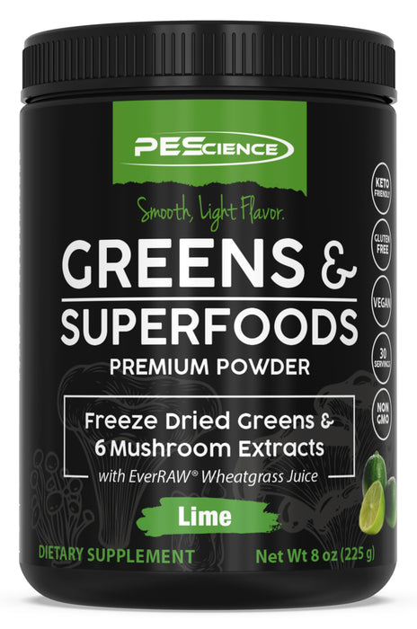 PEScience Greens & Superfoods Powder, Lime Flavor, 30 Servings, Natural Chlorophyll with Turkey Tail Mushroom & Fruit Extracts Blend