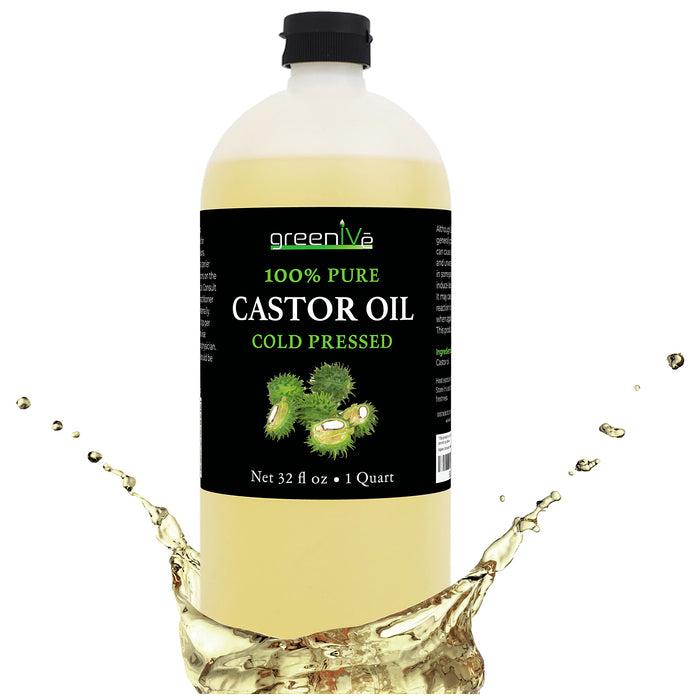 GreenIVe Castor Oil Organically Grown 100% Pure 32oz Bottle Cold Pressed, Hexane Free, Eyelash and Eybrow Growth Serum, Skin Moisturizer Detox and Wraps