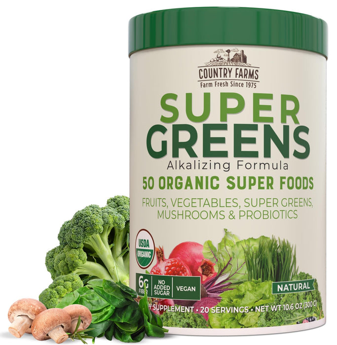 COUNTRY FARMS Organic Super Greens Natural Flavor, 50 Organic Super Foods, Packed with Fiber, USDA Organic Drink Mix, Fruits, Vegetables, Mushrooms & Probiotics, Supports Energy, 6g Fiber