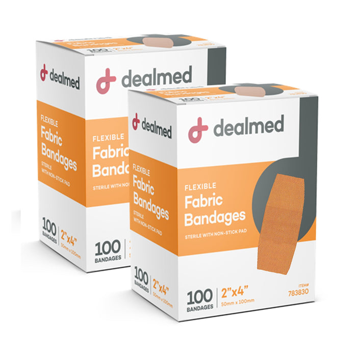 Dealmed Fabric Flexible Adhesive Bandages – 100 Count (2 Pack) Bandages with Non-Stick Pad, Latex Free, Wound Care for First Aid Kit, 2" x 4"