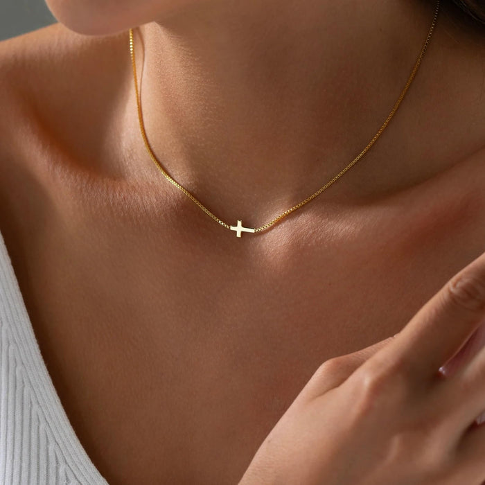 Rotnso Cross Necklace for Women 14K Gold Plated Dainty Small Sideways Cross Pendant Choker Simple Trendy Cute Cross Charm Box Chain Necklace Faith Jewelry Religious Minimalist Gift