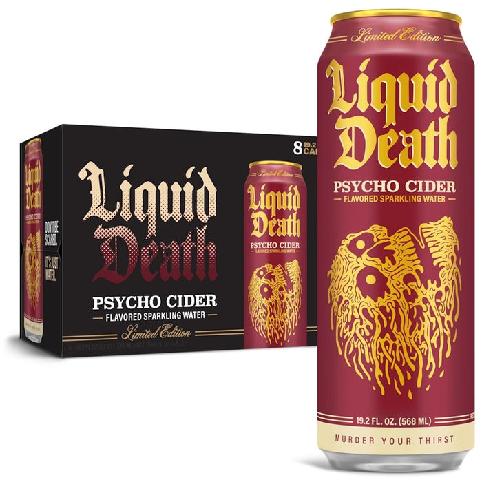 Liquid Death, Psycho Cider Sparkling Water, Apple Cider Flavored Sparkling Beverage Sweetened With Real Agave, Low Calorie & Low Sugar, 8-Pack (King Size 19.2oz Cans)