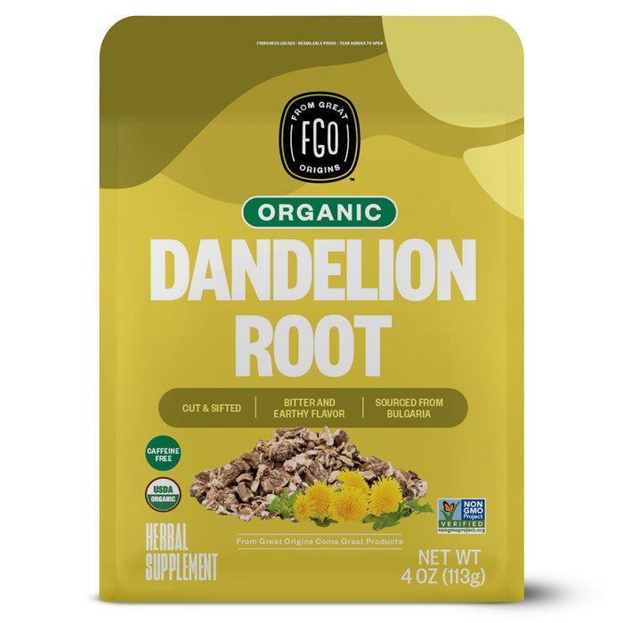 FGO Organic Dandelion Root, Cut and Sfited Loose Tea, 4 Ounce Resealable Bag, Packaging May Vary (Pack of 1)