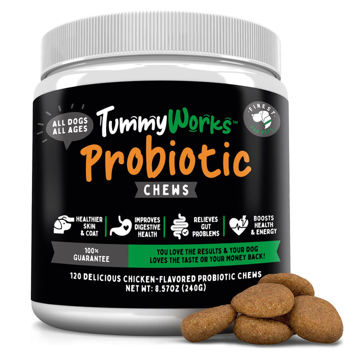 TummyWorks Probiotic 120 Soft Chews for Dogs All Ages - Supports Digestive Health, Relieves Diarrhea, Constipation, Good for Itching, Allergies, Yeast Infections. Added Digestive Enzymes, Made in USA