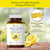 Omega 3 Triple Strength EPA DHA Supplement - 2500mg Lemon Flavored Burpless Fish Oil - High Potency 900mg EPA 600mg DHA Supports Circulation, Brain, Heart, Eye, Skin, Bone & Joints - 120 Softgels