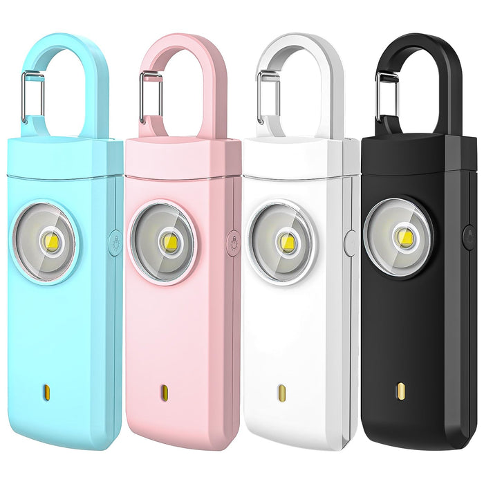 4 PCS Self Defense USB Rechargeable Alarm,130 dB Loud Siren with LED Strobe Light,Keychain Design for Easier Carrying, Personal Alarm for Women, Children, Elderly. (Aqua&Black&Pink&White)