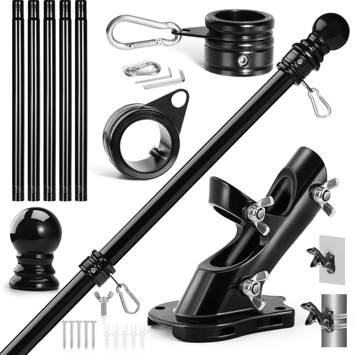 Anovo Flag Pole Kit- Upgraded Holder, Stainless Steel 6 FT Flag Poles with1 Inch Metal 360° Rotating Flag Pole Rings Two-Position Flag Pole Bracket Mounting for Outside House Porch(6 FT - Black)