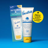 Vacation Classic Sunscreen Lotion SPF 50 + Air Freshener Bundle, Water Resistant Broad Spectrum Sunscreen Sun Block, Vegan Sun Tanning Lotion, Body Lotion with SPF, SPF 50 Sunscreen, 3.4 Fl. Oz.