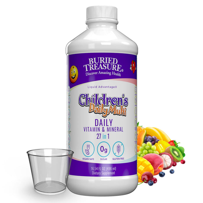 Buried Treasure Children's Daily Multi Liquid Multivitamin & Minerals Nutritional Dietary Vegan Supplement for Kids No Artificial Ingredients Non-GMO Natural Fruit Flavors, 16 oz w/Dose Cup