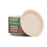 Deep Dish Paper Plates, Heavy Duty Disposable Dinner Plates [125-Pack] 10 Inch Plates - 100% Compostable Eco-Friendly, Biodegradable Sugarcane Bagasse, Natural Brown 10" Paper Plate Disposable