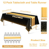 12Pack Disposable Plastic Tablecloths and Satin Table Runner Set Black and Gold Dot Tablecloth Gold Satin Table Runner for Wedding Birthday Baby Shower Anniversary Christmas New Year Party Supplies