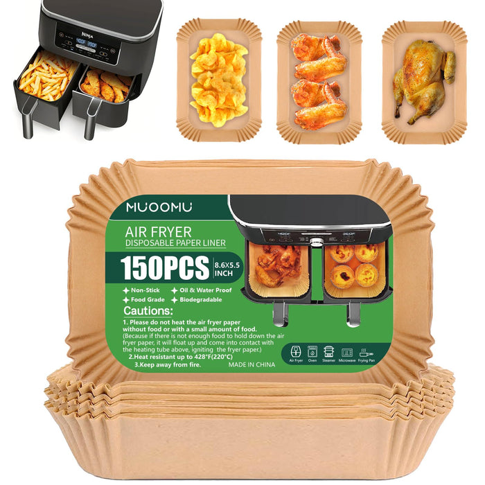 Air Fryer Disposable Paper Liners for Ninja Dual Airfryer Accessories, Non-Stick Parchment Rectangular for Baking, Oil Proof, Water Proof, for Microwave Oven (150PCS, 8.6in x 5.5in）