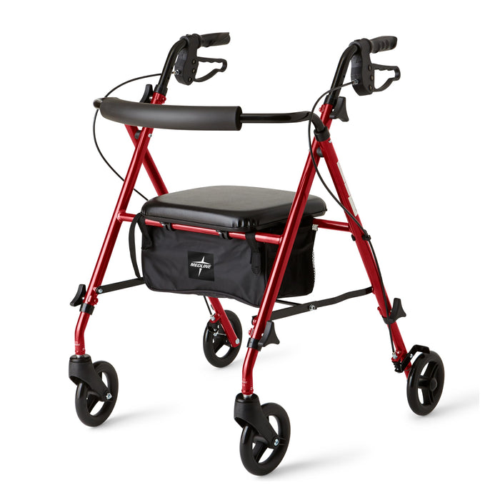 Medline Superlight Folding Aluminum Mobility Rollator Walker, Red, 250 lb. Weight Capacity, 6" Wheels, Adjustable Arms and Seat, Foldable Rolling Walker for Seniors