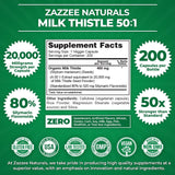 Zazzee Organic Milk Thistle 50:1 Extract, 20,000 mg Strength, 200 Vegan Capsules, 80% Silymarin Flavonoids, Over 6 Month Supply, Standardized and Concentrated 50X Extract, All-Natural and Non-GMO