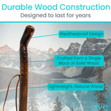 Vive Wooden Walking Stick for Hiking - Handcrafted, Waterproof with Leather Wrist Strap - Wood Staff for Balance, Women, Men, Seniors - Non-Slip Tip for Safety & Support