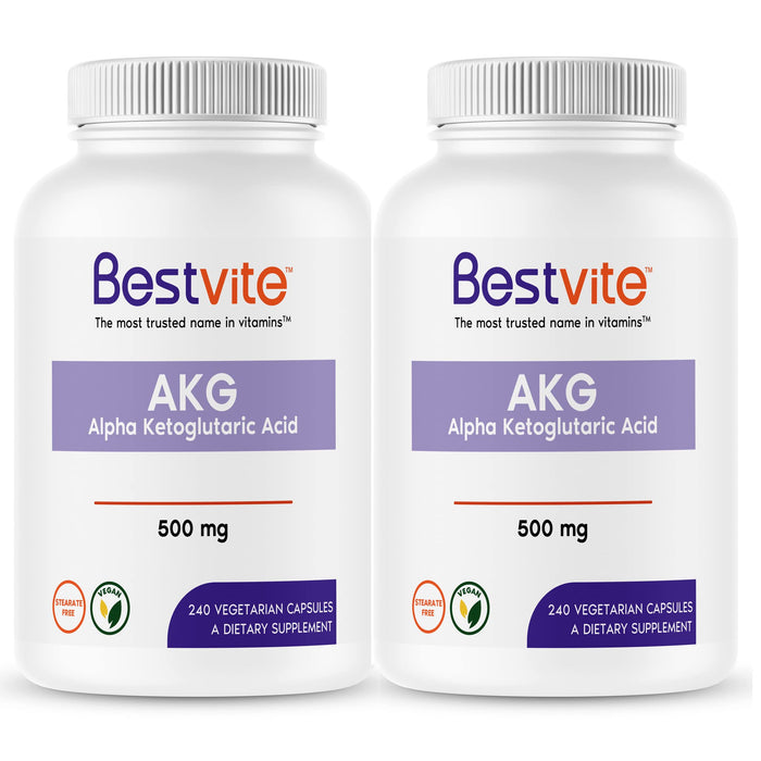 BESTVITE AKG (Alpha Ketoglutaric Acid) 500mg (480 Vegetarian Capsules) (240 x 2) - No Stearates - Vegan - Non GMO - Gluten Free - AKG Supplement