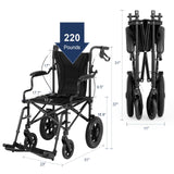 Medwarm Ultralight Transport Wheelchair for Adults & Kids, Weights only 22lbs, Folding Travel Wheelchair with Handbrakes, Detachable Footrests, Swing Away Armrests and 12" Rear Wheels, Black