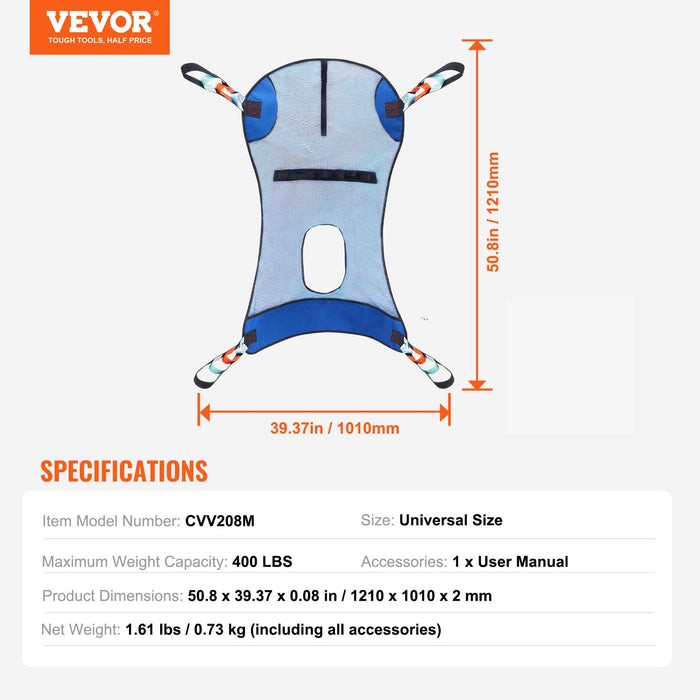 VEVOR Full Body Patient Lift Sling with Commode Opening, Patient Lift Medical Sling for Safe Bathing & Toileting, Polyester Patient Aid Commode Sling for Elderly, Bariatric, Disabled, Bedridden, 400LB