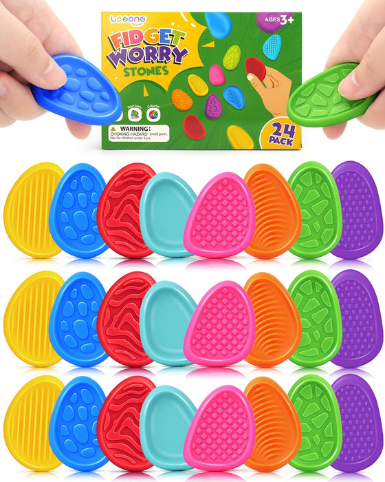 Fidget Toys Sensory Stone for Kids: 24 Pack Textured Worry Stones for Adults - Bulk Fidgets for Classroom Prizes Gooide Bag Stuffers - Quiet ADHD Tools for Autism Kids - Christmas Stocking Stuffers