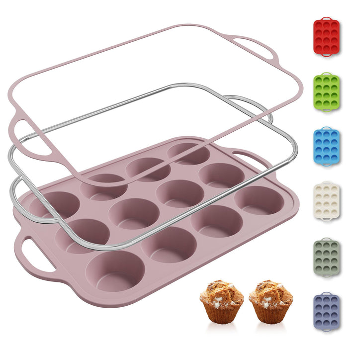 12 Cups Silicone Muffin Pan with Metal Reinforced Frame Regular Size Cupcake Pan Tray Egg Bites Silicone Cookie Molds Muffin Tin Best Baking Pans Tart Pan Sheet Set Reusable Cupcake Liners
