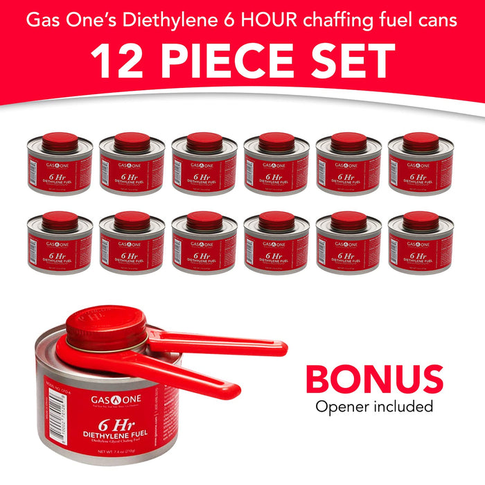 Gas One 6 Hour Chafing Fuel - Food Warmer for Chafing Dish Buffet Set - Liquid Safe Fuel With Wick & Lid Opener 7.4 Oz (Pack of 12)