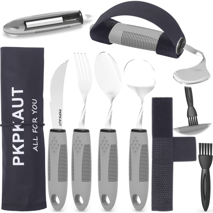 PKPKAUT Weighted Parkinsons Utensils for Hand Tremors, Weighted Silverware for Parkinsons Patients Arthritic Hands, Built Up Utensils for Adults, Adaptive Eating Utensils for Disabled People Elderly