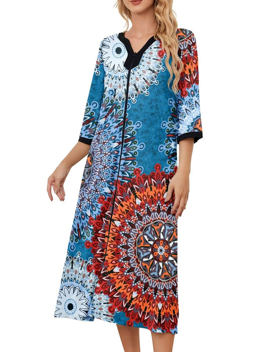 PITINAN House Dress for Women Elderly Women's Robes Lightweight For Hospital Delivery Zip Up Bathrobes for Women Zip Caftans for Women Mandala L