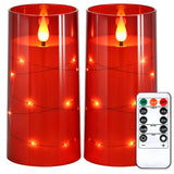 NURADA Flickering Flameless Candles: Built-in Star String Lights Battery Operated LED Pillar Candles with Remote and Timer Romantic Decorations for Wedding Party Christmas Halloween - Red 2 Pack