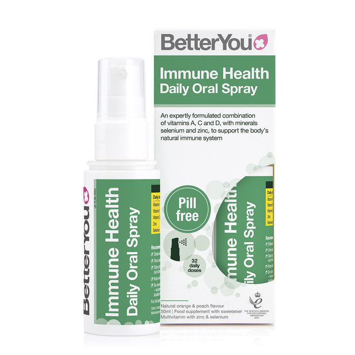 BETTERYOU Immune Health Daily Oral Spray, Pill-Free Multivitamin Supplement, Vitamins A, C and D with Minerals Selenium and Zinc, 1-month Supply, Made in the UK, Natural Orange and Peach Flavour