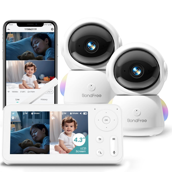 BondFree 2K Baby Monitor with 2 Cameras and Audio, Baby Monitor no WiFi RGB Night Light, Baby Monitor WiFi Smartphone 2.4G for Nursery, Pet, Elderly, 355° Rotation, Work with Alexa Google Home