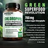 Benevolent Chlorophyll Capsules 700mg - 100% Natural + Ultra Chlorophyll 20x Potency Concentration for Energy Boost, Immune Support, Internal Deodorant, Skin Health, Non-GMO, 120 Capsules