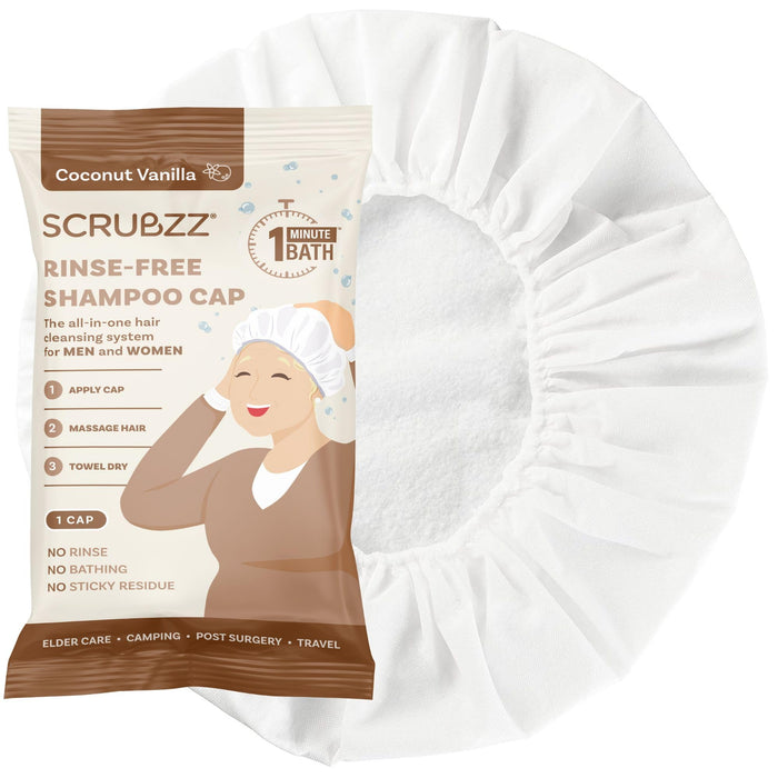 Scrubzz Shampoo Cap No Rinse for Elderly and Bedridden Patients, Rinse Free Shampoo Cap for Post Surgery and Hospital Stays, Waterless Hair Washing Shower Caps - Coconut Vanilla - 1 Pack