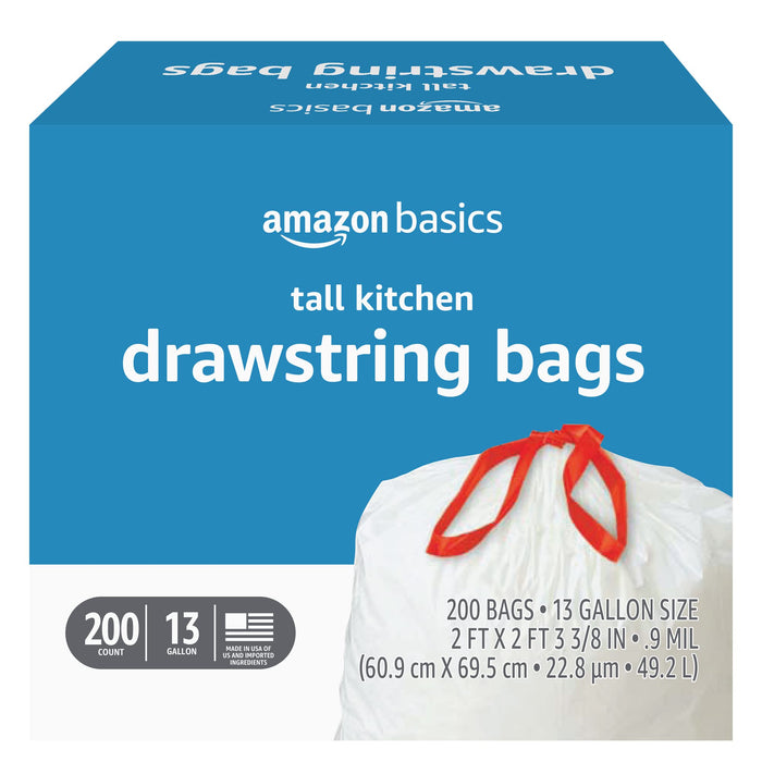 Amazon Basics Tall Kitchen Drawstring Trash Bags, 13 Gallon, 200 Count, Pack of 1