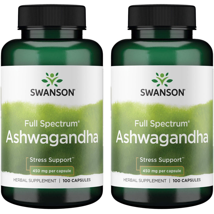 Swanson Ashwagandha Powder Supplement-Ashwagandha Root Supplement Promoting Stress Relief '&' Energy Support-Ayurvedic Supplement for Natural Wellness (100 Capsules, 450mg Each) 2 Pack