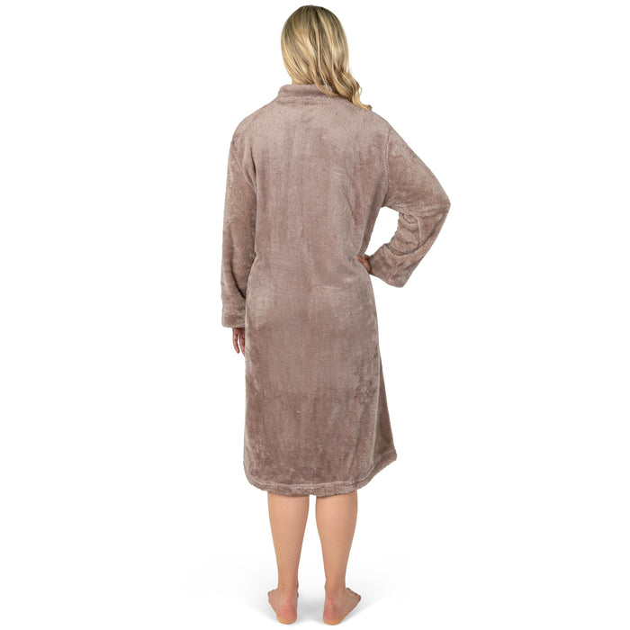 PAVILIA Womens Housecoat Zip Robe, Sherpa Zip Up Front Robe Bathrobe, Fuzzy Warm Zipper House Coat Lounger for Women Ladies Elderly with Pockets, Fluffy Fleece Long - Beige Taupe (Small/Medium)