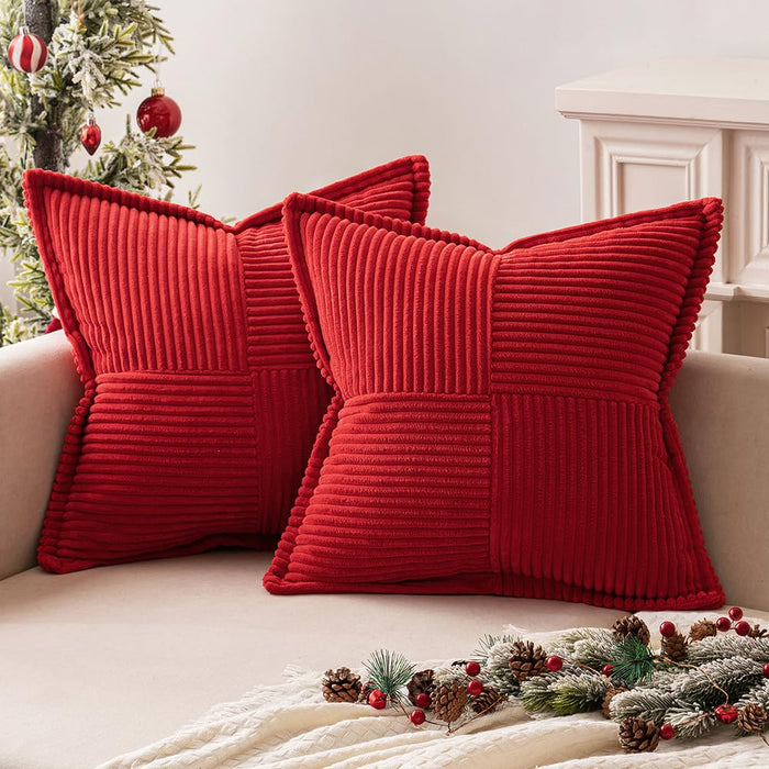 MIULEE Red Corduroy Pillow Covers with Splicing Set of 2 Super Soft Boho Striped Christmas Pillow Covers Broadside Decorative Textured Throw Pillows for Couch Cushion Livingroom 20x20 inch