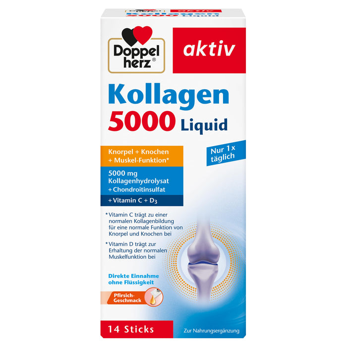 DOPPELHERZ Collagen 5000 Liquid - with Collagen Hydrolysate, Chondroitin Sulphate, Vitamins and Manganese - 14 Sticks with Peach Flavour