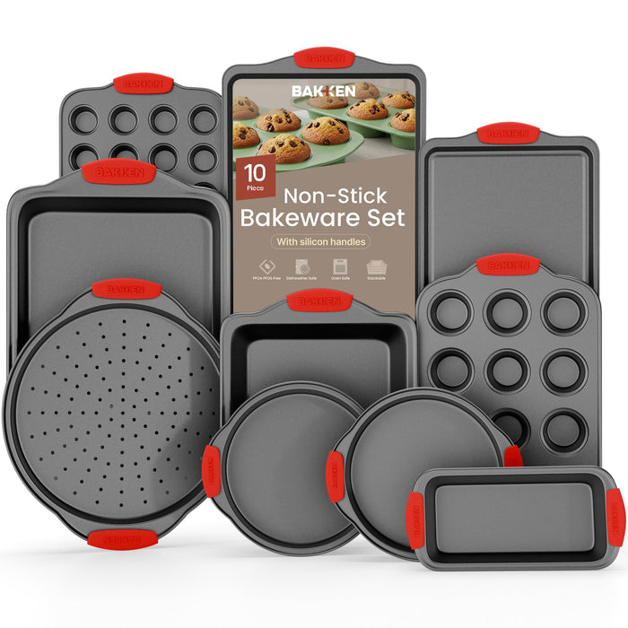 Baking Set – 10 Piece Kitchen Oven Bakeware Set – Deluxe Non-Stick Blue Coating Inside and Outside – Carbon Steel – Red Silicone Handles – PFOA PFOS and PTFE Free by Bakken,Black