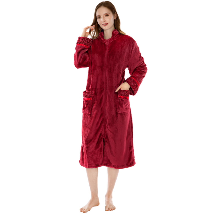 PAVILIA Womens Housecoat Zip Robe, Fleece Zip Up Front Robe Bathrobe, Plush Warm Zipper House Coat Lounger for Women Ladies Elderly with Satin Trim, Pockets, Long Plus Size - Wine Red (2x/3x)