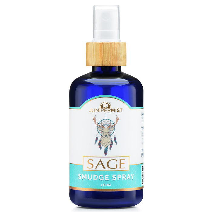 JUNIPERMIST White Sage Smudge Spray (4 Fl Oz) - for Cleansing Negative Energy - Sage Spray Alternative to Incense Sticks - Sustainably Made in USA with Pure Essential Oils and Real Crystals