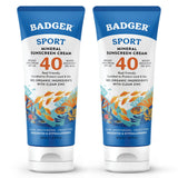 Badger Reef Safe Sunscreen, SPF 40 Sport Mineral Sunscreen, 98% Organic Sunscreen Ingredients, Broad Spectrum, Water Resistant, Zinc Oxide Sunscreen, Unscented, 2.9 fl oz (2 Pack)