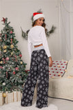 iChunhua Women Christmas Pajamas Elastic Waist Wide Leg Drawstring Palazzo Trousers Black Snowflake M