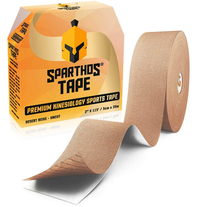 Sparthos Kinesiology Tape - Bulk Large Jumbo - Free Kinesio Taping Guide! - Support for Pro Athletic Sports and Recovery - Rocktape Waterproof Tex Rock Gold Tapes - Uncut 115 ft Roll (Beige)