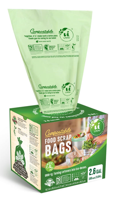 UNNI Compostable Liner Bags, 2.6 Gallon, 9.84 Liter, 100 Count, Extra Thick 0.71 Mil, Small Kitchen Food Scrap Waste Bags, ASTM D6400, US BPI, CMA & Europe OK Compost Home Certified, San Francisco