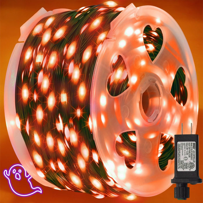 WATERGLIDE Extra Long 328 FT Halloween Lights, 1000 LED Outdoor Fairy String Lights, Green PVC Copper Wire Christmas Lights, Plug in 8 Modes & Waterproof for Tree Party Home Yard Decor, Orange