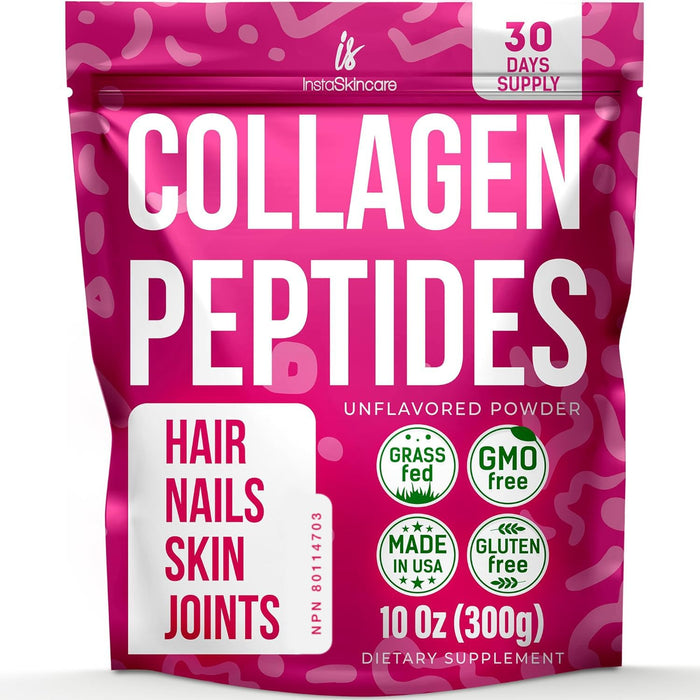 INSTASKINCARE Collagen Peptides Powder for Women Hydrolyzed Collagen Protein Types I and III Non-GMO Grass-Fed Gluten-Free Kosher and Pareve Unflavored Easy to Mix Drink Healthy Hair Skin Joints Nails 10 Oz