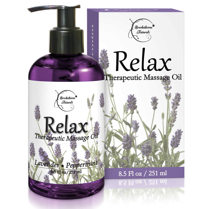 Relax Therapeutic Body Massage Oil - with Best Essential Oils for Sore Muscles & Stiffness – Lavender, Peppermint & Marjoram - All Natural - with Sweet Almond, Grapeseed & Jojoba Oil 8oz